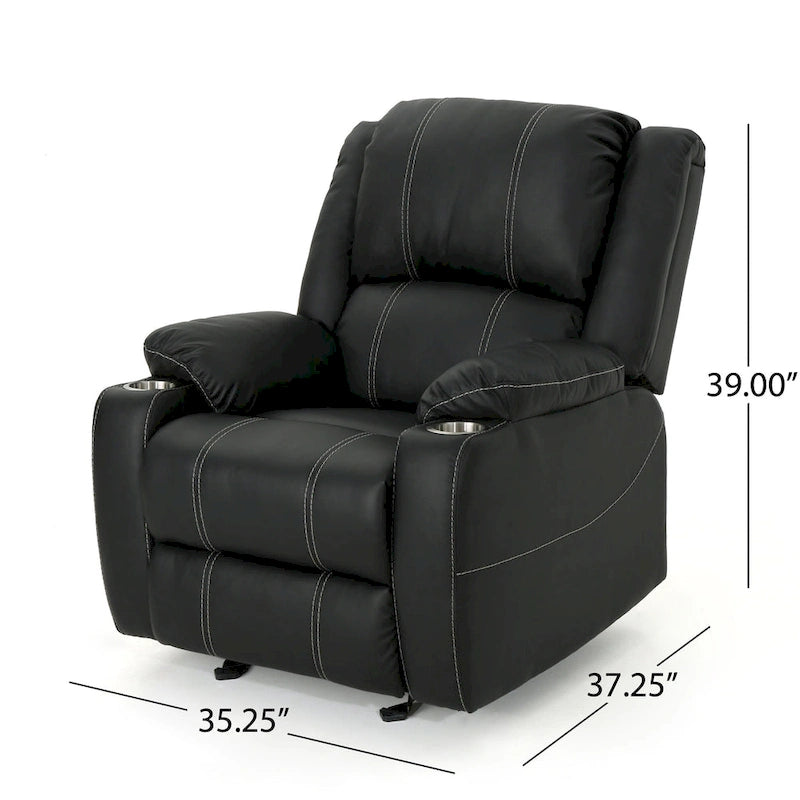 Black Contemporary Manual Recliner Chair with Steel Cup Holders, Plush PU Leather Upholstery, Adjustable Recline