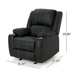 Black Contemporary Manual Recliner Chair with Steel Cup Holders, Plush PU Leather Upholstery, Adjustable Recline