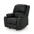 Black Contemporary Manual Recliner Chair with Steel Cup Holders, Plush PU Leather Upholstery, Adjustable Recline