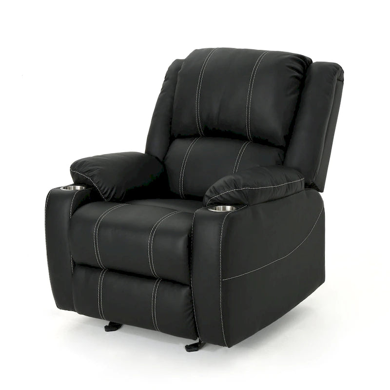 Black Contemporary Manual Recliner Chair with Steel Cup Holders, Plush PU Leather Upholstery, Adjustable Recline