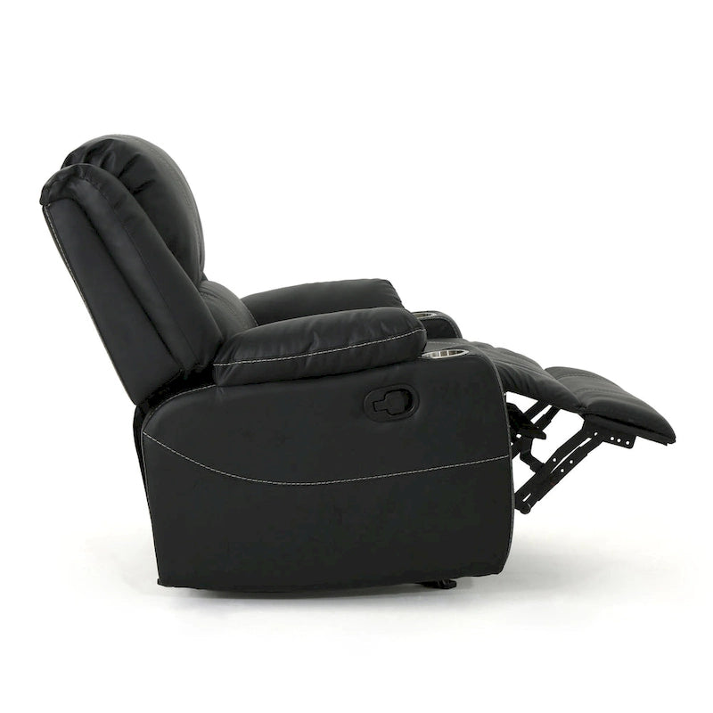 Black Contemporary Manual Recliner Chair with Steel Cup Holders, Plush PU Leather Upholstery, Adjustable Recline