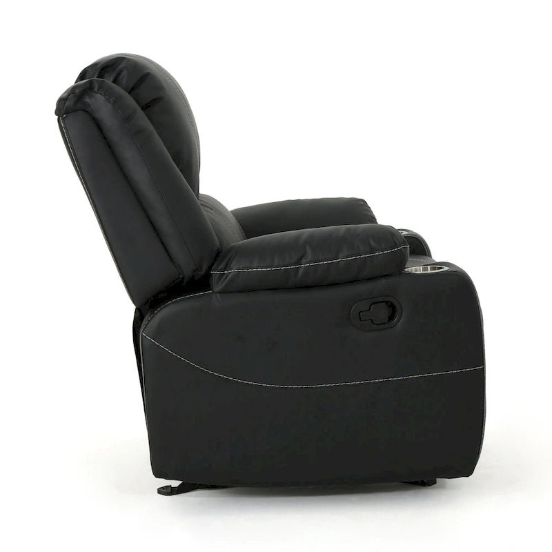 Black Contemporary Manual Recliner Chair with Steel Cup Holders, Plush PU Leather Upholstery, Adjustable Recline
