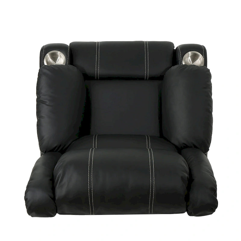 Black Contemporary Manual Recliner Chair with Steel Cup Holders, Plush PU Leather Upholstery, Adjustable Recline