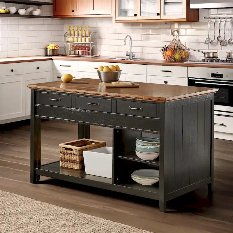 Ronda Two-Tone Antique Finish Extendable Kitchen Island with 3 Drawers