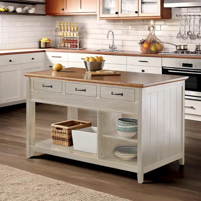 Ronda Two-Tone Antique Finish Extendable Kitchen Island with 3 Drawers