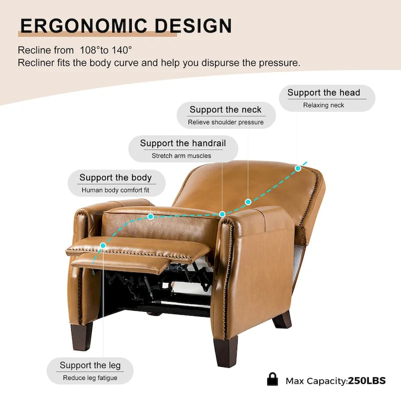 Gladis Modern Retro Genuine Leather Recliner with Nailhead Trim by HULALA HOME