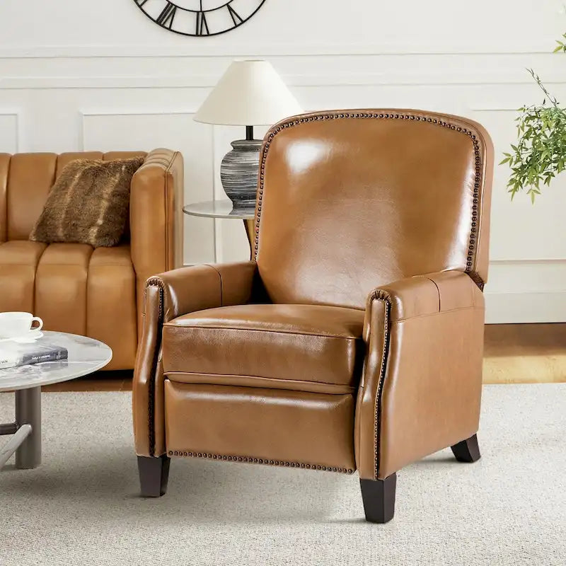 Gladis Modern Retro Genuine Leather Recliner with Nailhead Trim by HULALA HOME