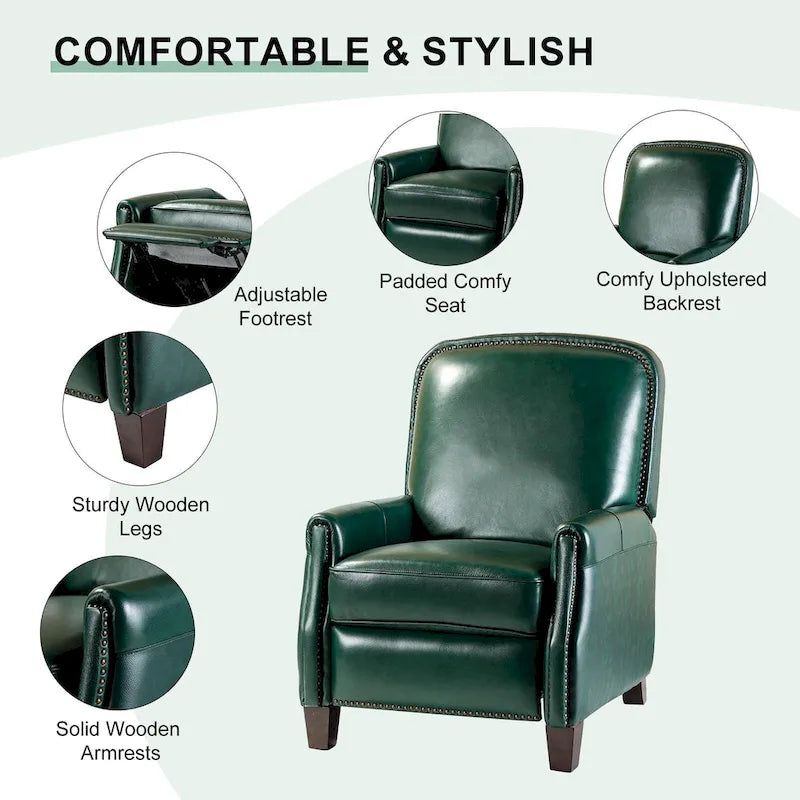Gladis Modern Retro Genuine Leather Recliner with Nailhead Trim by HULALA HOME