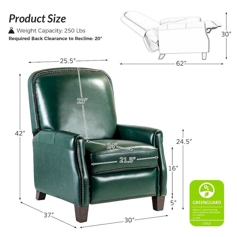 Gladis Modern Retro Genuine Leather Recliner with Nailhead Trim by HULALA HOME