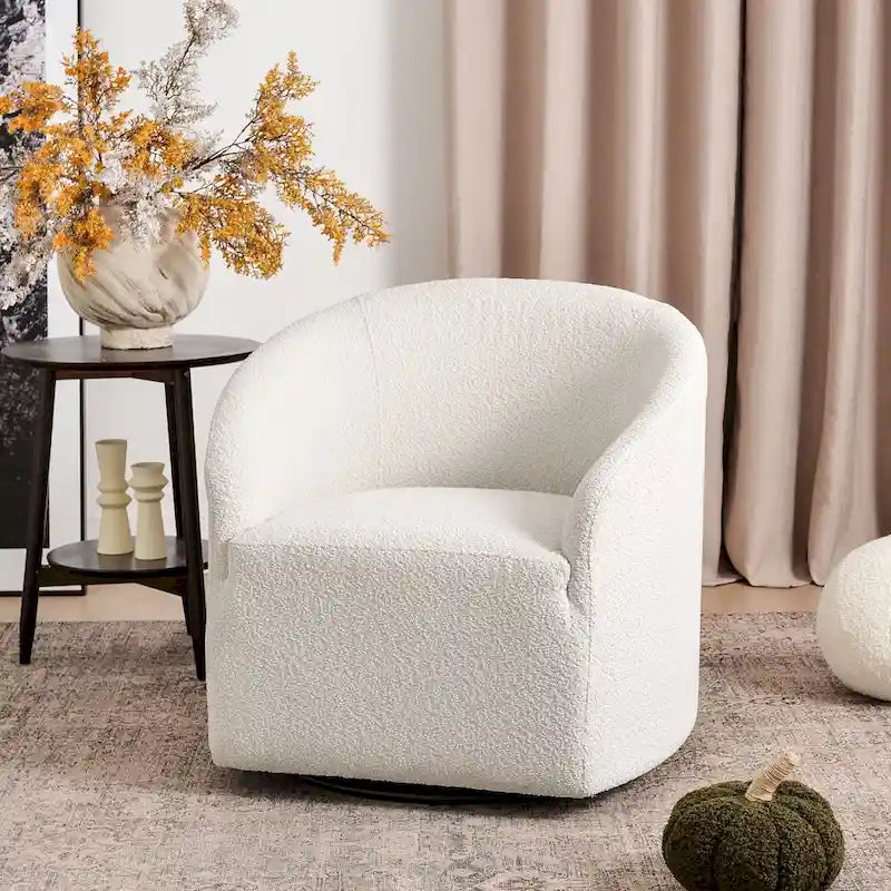 KINWELL 32W Boucle Upholstered Swivel Barrel Accent Armchair