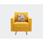 Linen Fabric Armchair with Metal Legs, Side Pockets, and Pillow