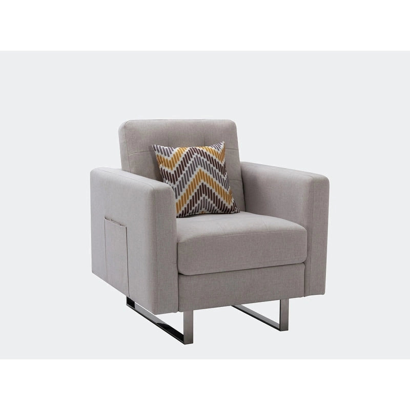 Linen Fabric Armchair with Metal Legs, Side Pockets, and Pillow
