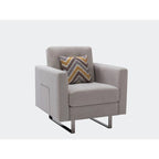 Linen Fabric Armchair with Metal Legs, Side Pockets, and Pillow