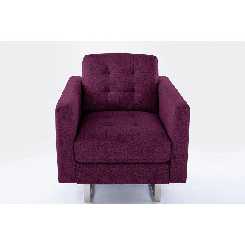 Linen Fabric Armchair with Metal Legs, Side Pockets, and Pillow