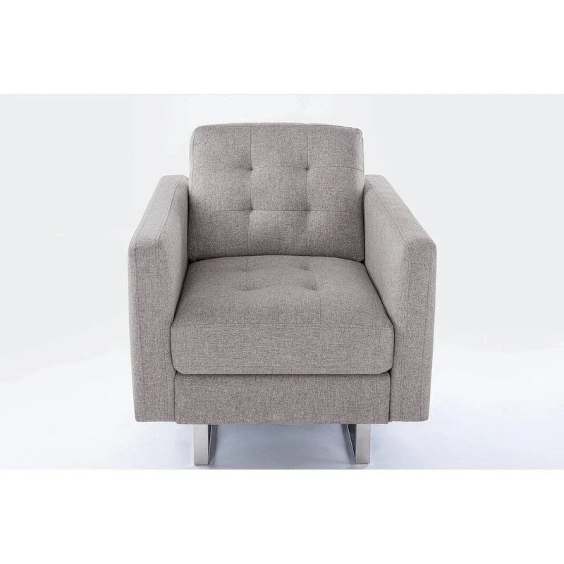 Linen Fabric Armchair with Metal Legs, Side Pockets, and Pillow