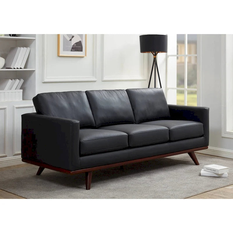 Chester Leather 3-Seater Sofa with Birch Wood Base Modern Living Room Couch with Removable Cushions - 83