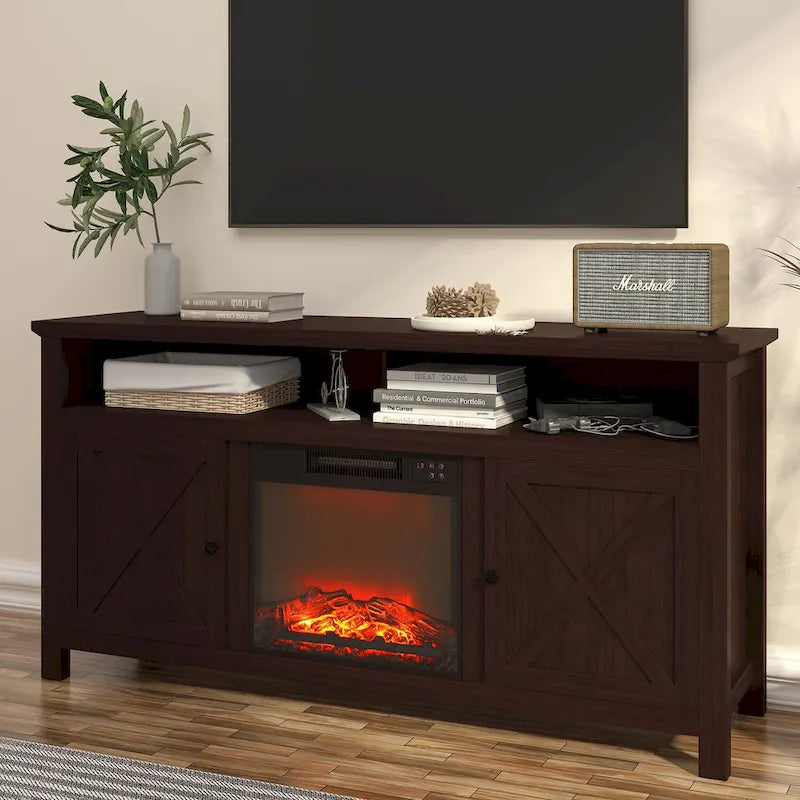 Clihome 58 Wood Fireplace TV Stand with 18 Electric Fireplace