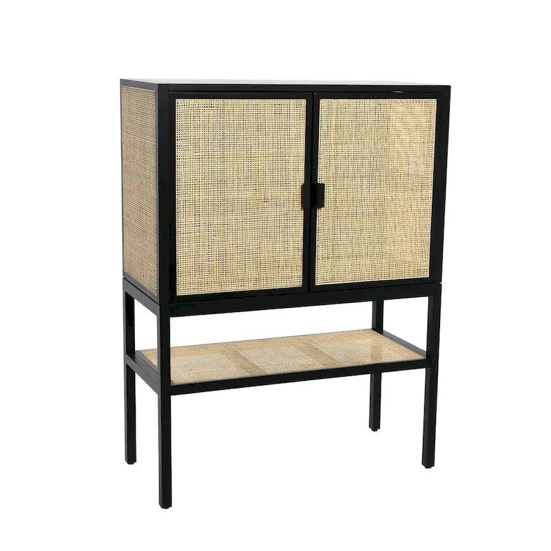 Woven Rattan and Wood Cabinet with 2 Doors