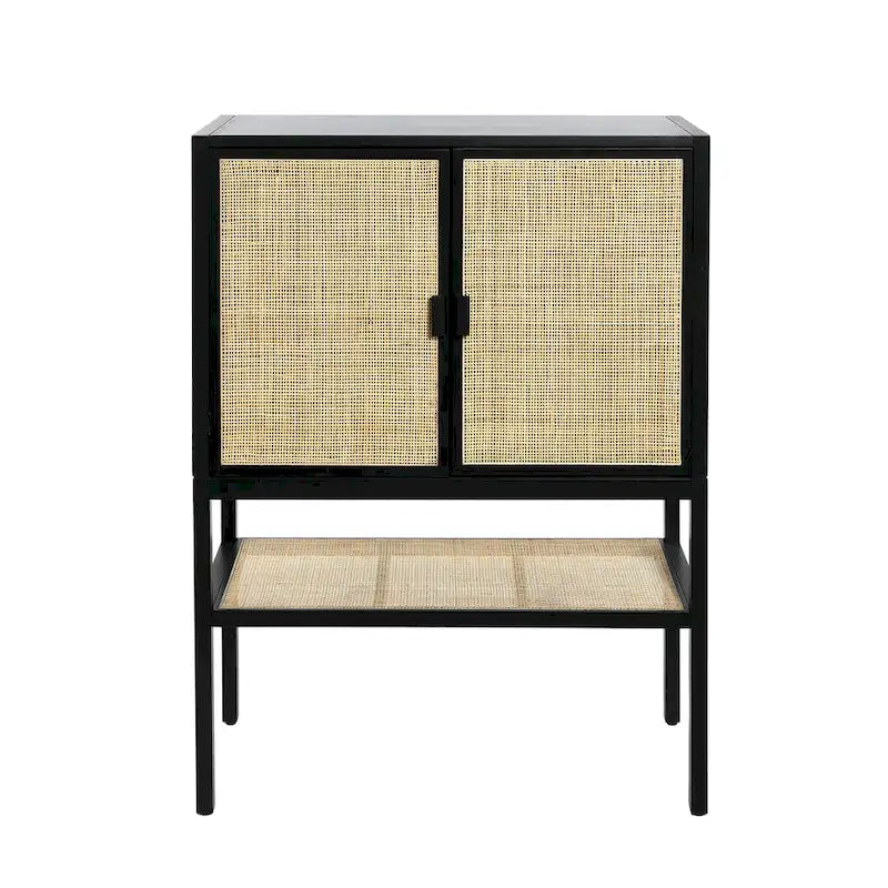 Woven Rattan and Wood Cabinet with 2 Doors