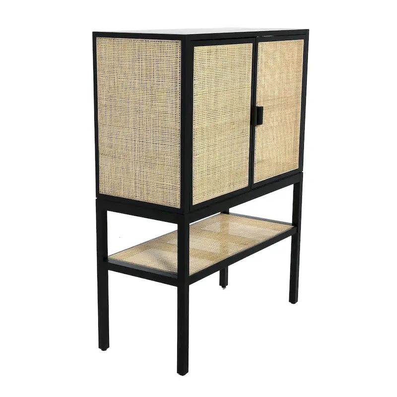 Woven Rattan and Wood Cabinet with 2 Doors