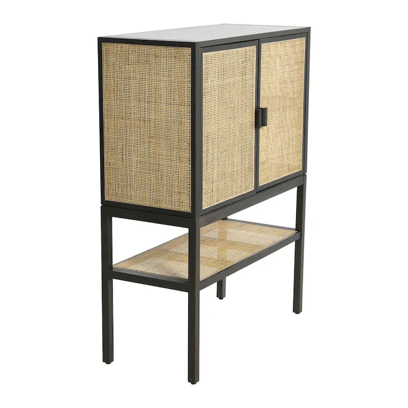 Woven Rattan and Wood Cabinet with 2 Doors