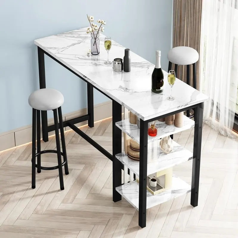 Grondin Modern Contemporary Faux Marble 3 Piece Bar Table Set with 2 Upholstered Stools and Extra Storage Shelves