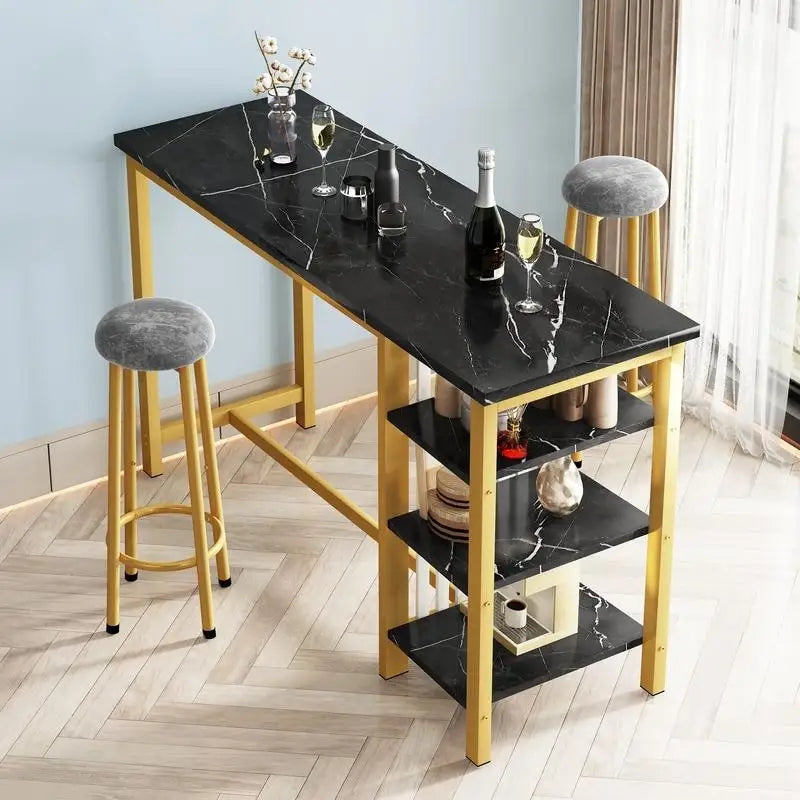 Grondin Modern Contemporary Faux Marble 3 Piece Bar Table Set with 2 Upholstered Stools and Extra Storage Shelves