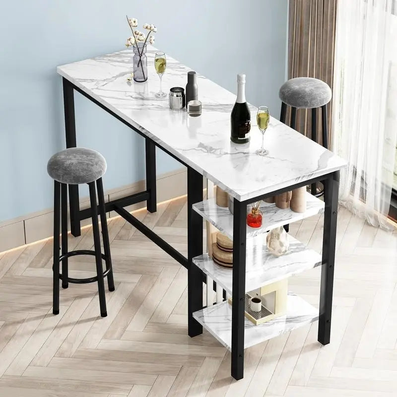 Grondin Modern Contemporary Faux Marble 3 Piece Bar Table Set with 2 Upholstered Stools and Extra Storage Shelves