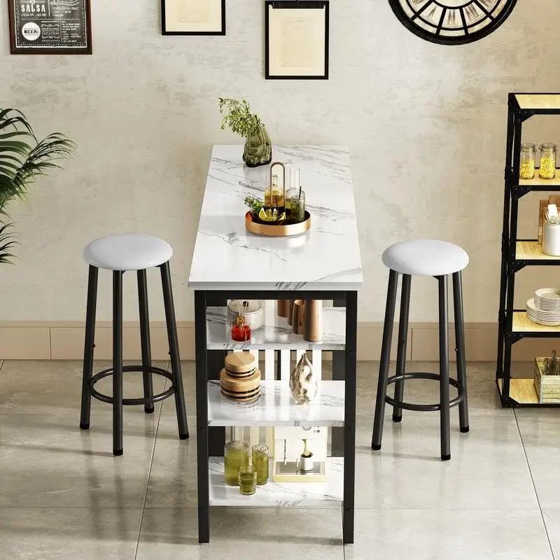 Grondin Modern Contemporary Faux Marble 3 Piece Bar Table Set with 2 Upholstered Stools and Extra Storage Shelves