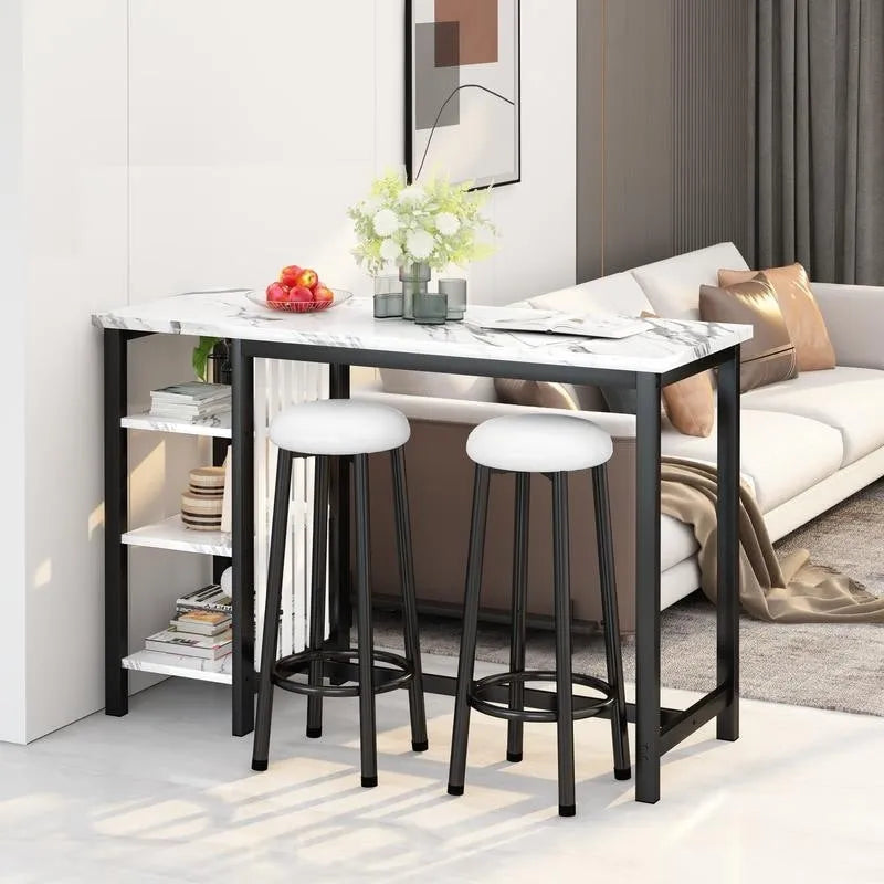Grondin Modern Contemporary Faux Marble 3 Piece Bar Table Set with 2 Upholstered Stools and Extra Storage Shelves