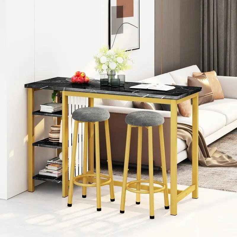 Grondin Modern Contemporary Faux Marble 3 Piece Bar Table Set with 2 Upholstered Stools and Extra Storage Shelves