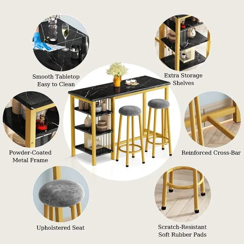 Grondin Modern Contemporary Faux Marble 3 Piece Bar Table Set with 2 Upholstered Stools and Extra Storage Shelves