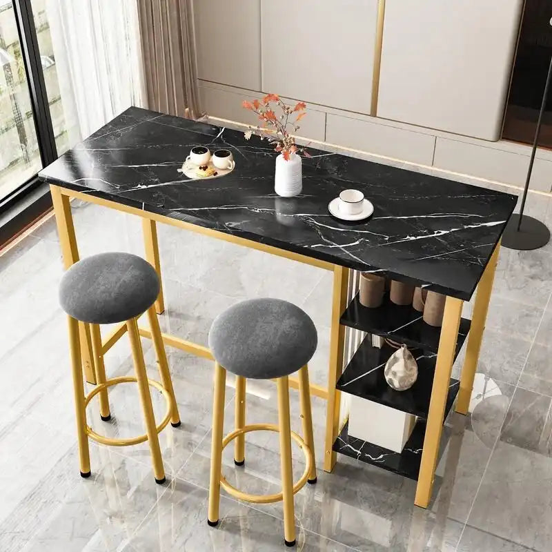 Grondin Modern Contemporary Faux Marble 3 Piece Bar Table Set with 2 Upholstered Stools and Extra Storage Shelves