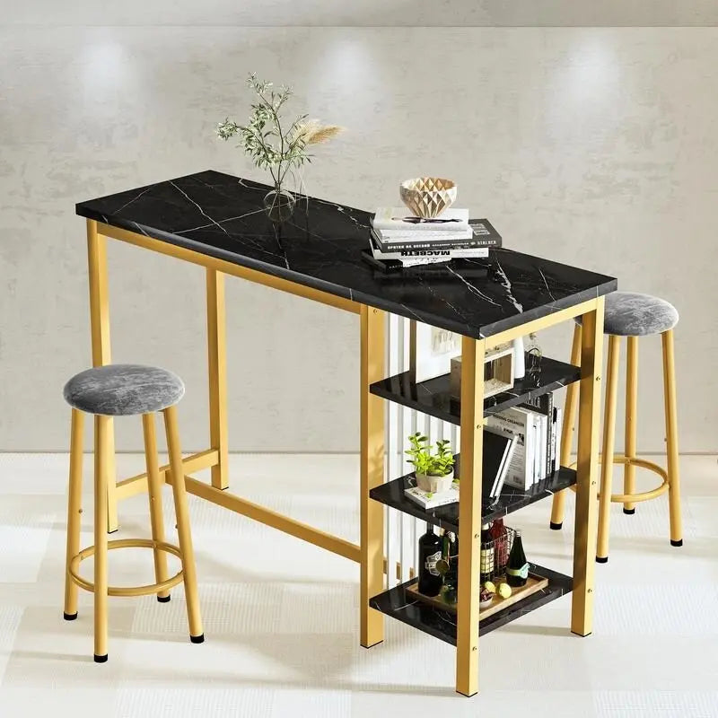 Grondin Modern Contemporary Faux Marble 3 Piece Bar Table Set with 2 Upholstered Stools and Extra Storage Shelves