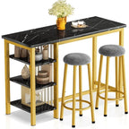 Grondin Modern Contemporary Faux Marble 3 Piece Bar Table Set with 2 Upholstered Stools and Extra Storage Shelves