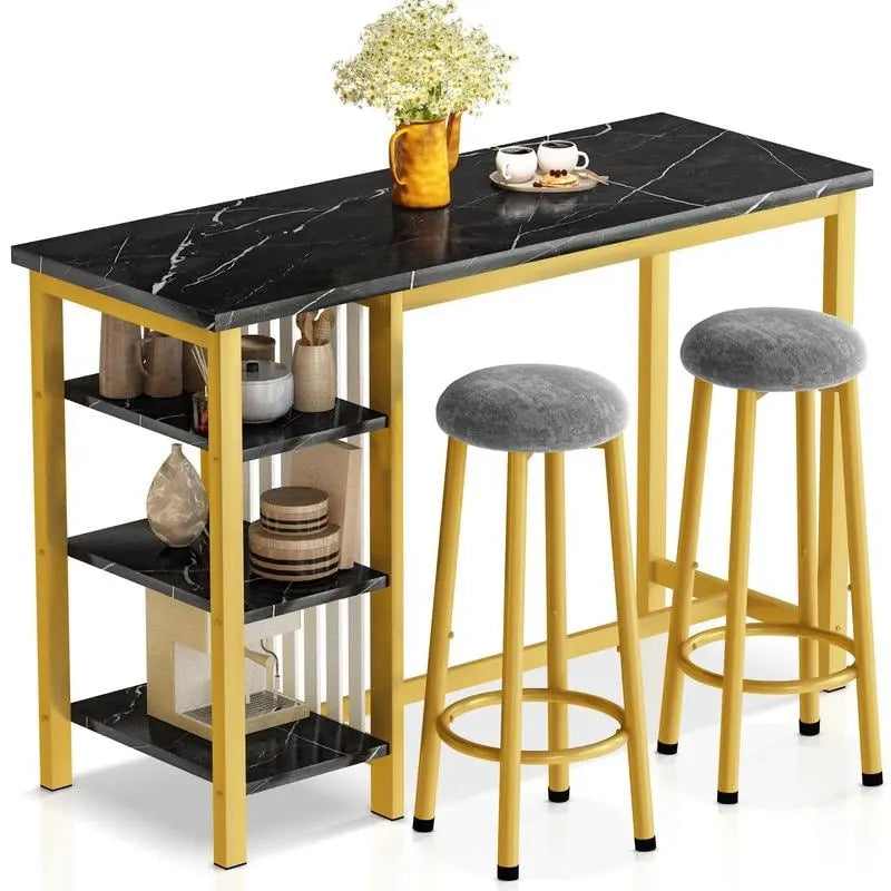 Grondin Modern Contemporary Faux Marble 3 Piece Bar Table Set with 2 Upholstered Stools and Extra Storage Shelves