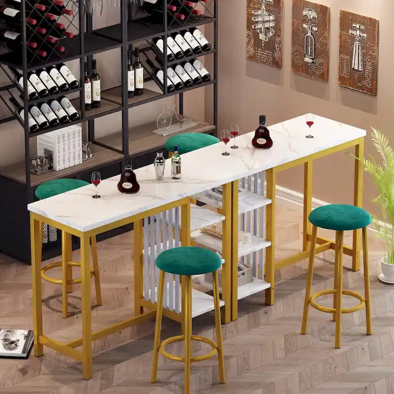 Grondin Modern Contemporary Faux Marble 3 Piece Bar Table Set with 2 Upholstered Stools and Extra Storage Shelves
