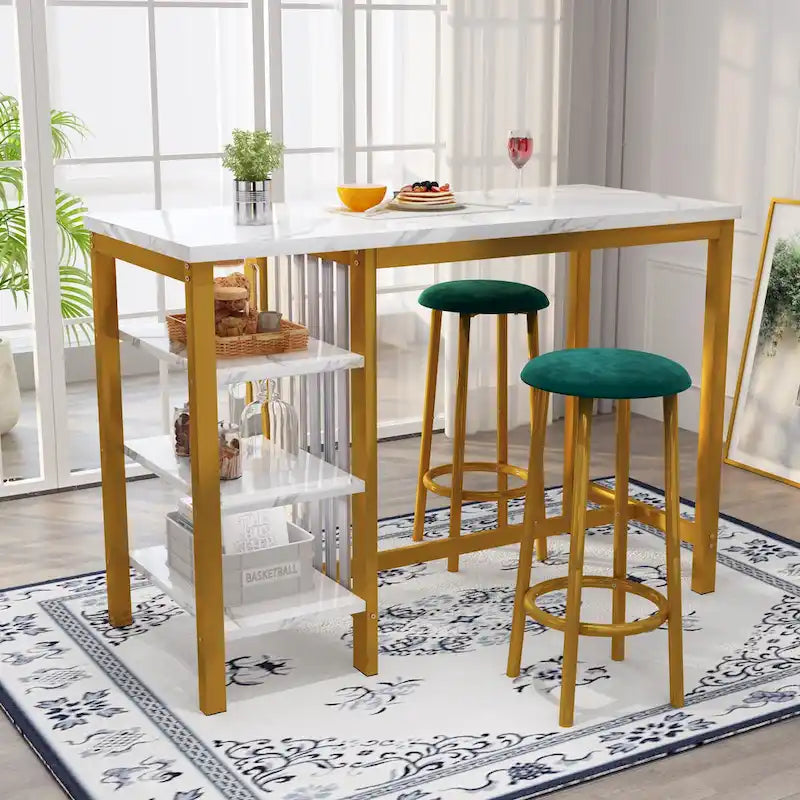 Grondin Modern Contemporary Faux Marble 3 Piece Bar Table Set with 2 Upholstered Stools and Extra Storage Shelves
