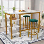 Grondin Modern Contemporary Faux Marble 3 Piece Bar Table Set with 2 Upholstered Stools and Extra Storage Shelves