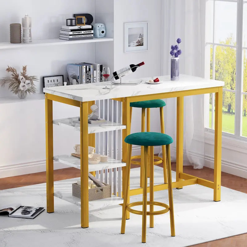 Grondin Modern Contemporary Faux Marble 3 Piece Bar Table Set with 2 Upholstered Stools and Extra Storage Shelves