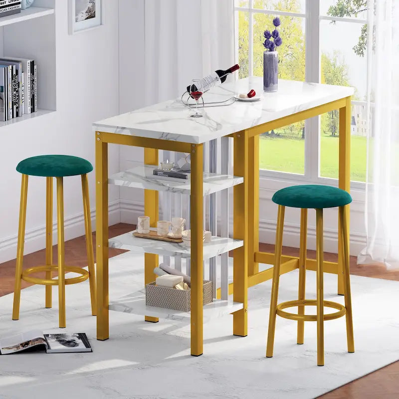 Grondin Modern Contemporary Faux Marble 3 Piece Bar Table Set with 2 Upholstered Stools and Extra Storage Shelves