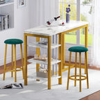 Grondin Modern Contemporary Faux Marble 3 Piece Bar Table Set with 2 Upholstered Stools and Extra Storage Shelves