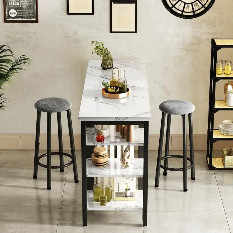 Grondin Modern Contemporary Faux Marble 3 Piece Bar Table Set with 2 Upholstered Stools and Extra Storage Shelves