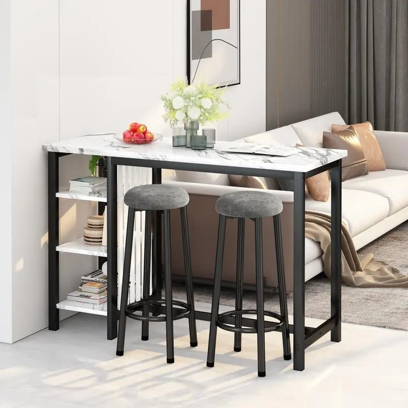 Grondin Modern Contemporary Faux Marble 3 Piece Bar Table Set with 2 Upholstered Stools and Extra Storage Shelves