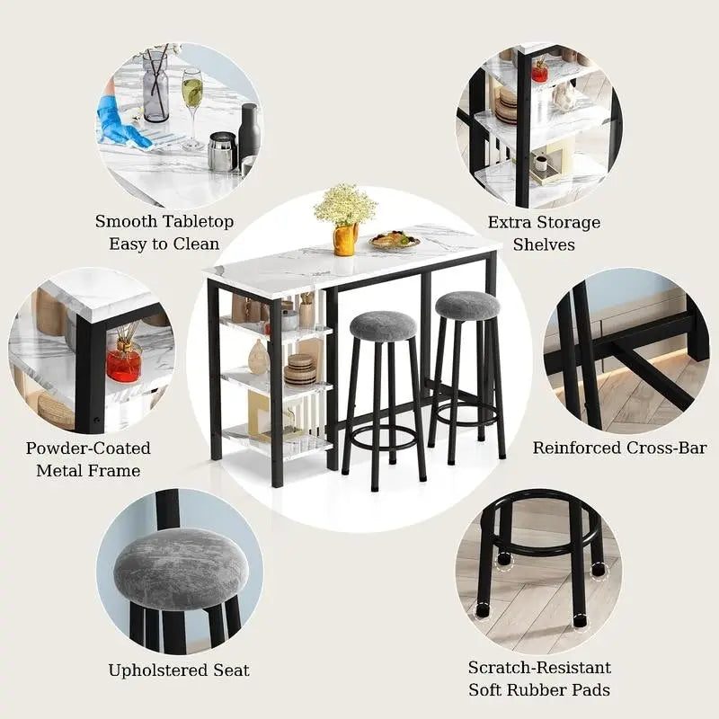 Grondin Modern Contemporary Faux Marble 3 Piece Bar Table Set with 2 Upholstered Stools and Extra Storage Shelves