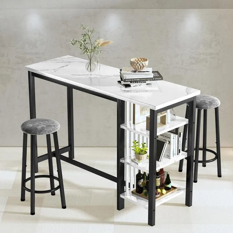 Grondin Modern Contemporary Faux Marble 3 Piece Bar Table Set with 2 Upholstered Stools and Extra Storage Shelves