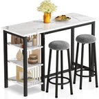 Grondin Modern Contemporary Faux Marble 3 Piece Bar Table Set with 2 Upholstered Stools and Extra Storage Shelves