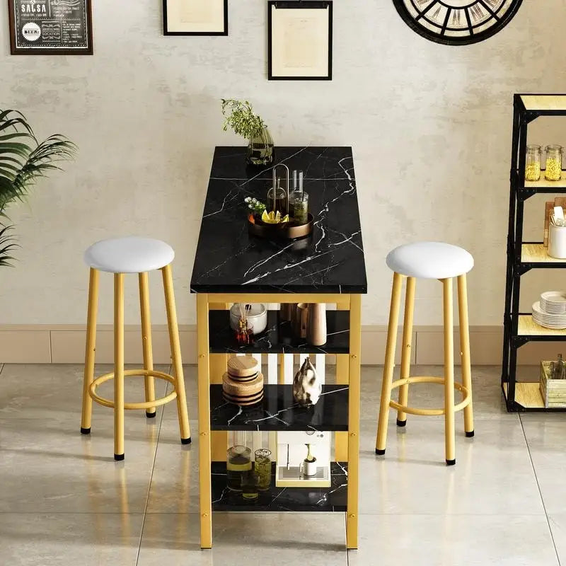 Grondin Modern Contemporary Faux Marble 3 Piece Bar Table Set with 2 Upholstered Stools and Extra Storage Shelves