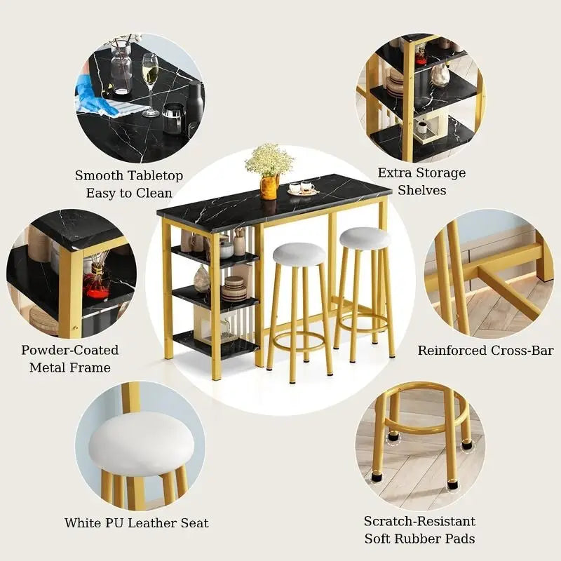 Grondin Modern Contemporary Faux Marble 3 Piece Bar Table Set with 2 Upholstered Stools and Extra Storage Shelves