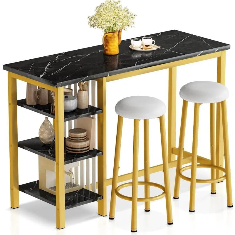 Grondin Modern Contemporary Faux Marble 3 Piece Bar Table Set with 2 Upholstered Stools and Extra Storage Shelves